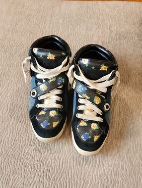 Coach Black Floral High-Top Sneakers with Yellow & Blue Flowers Size 7.5